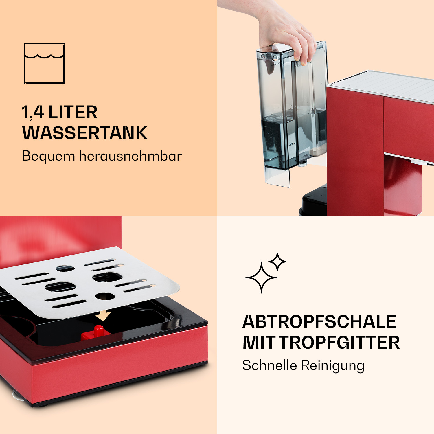 Eine rote Kaffeemaschine zeigt den herausnehmbaren 1,4-Liter-Wassertank und die Abtropfschale mit Tropfgitter.