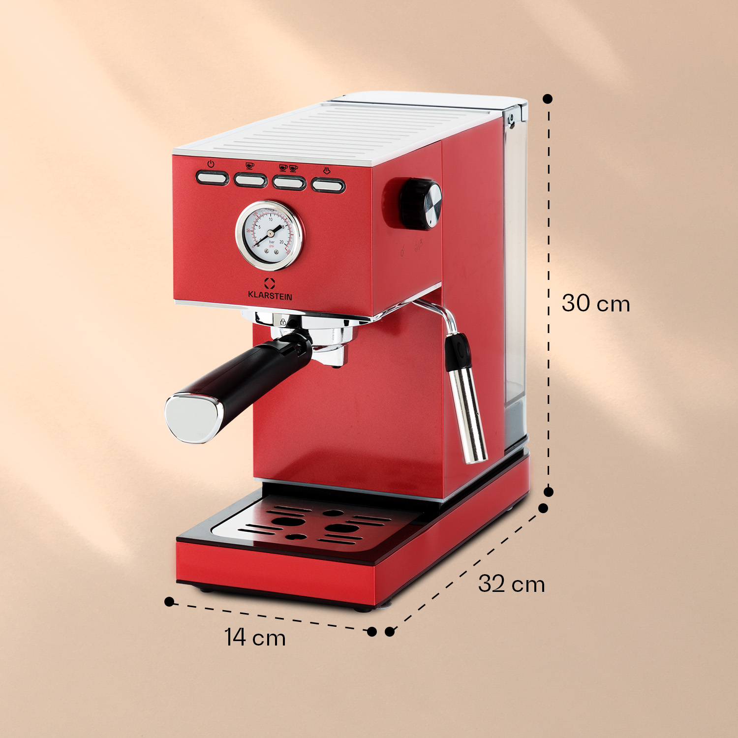 Rote Klarstein Siebträgermaschine mit Druckanzeige und Abmessungen 30x32x14 cm auf beigem Hintergrund.