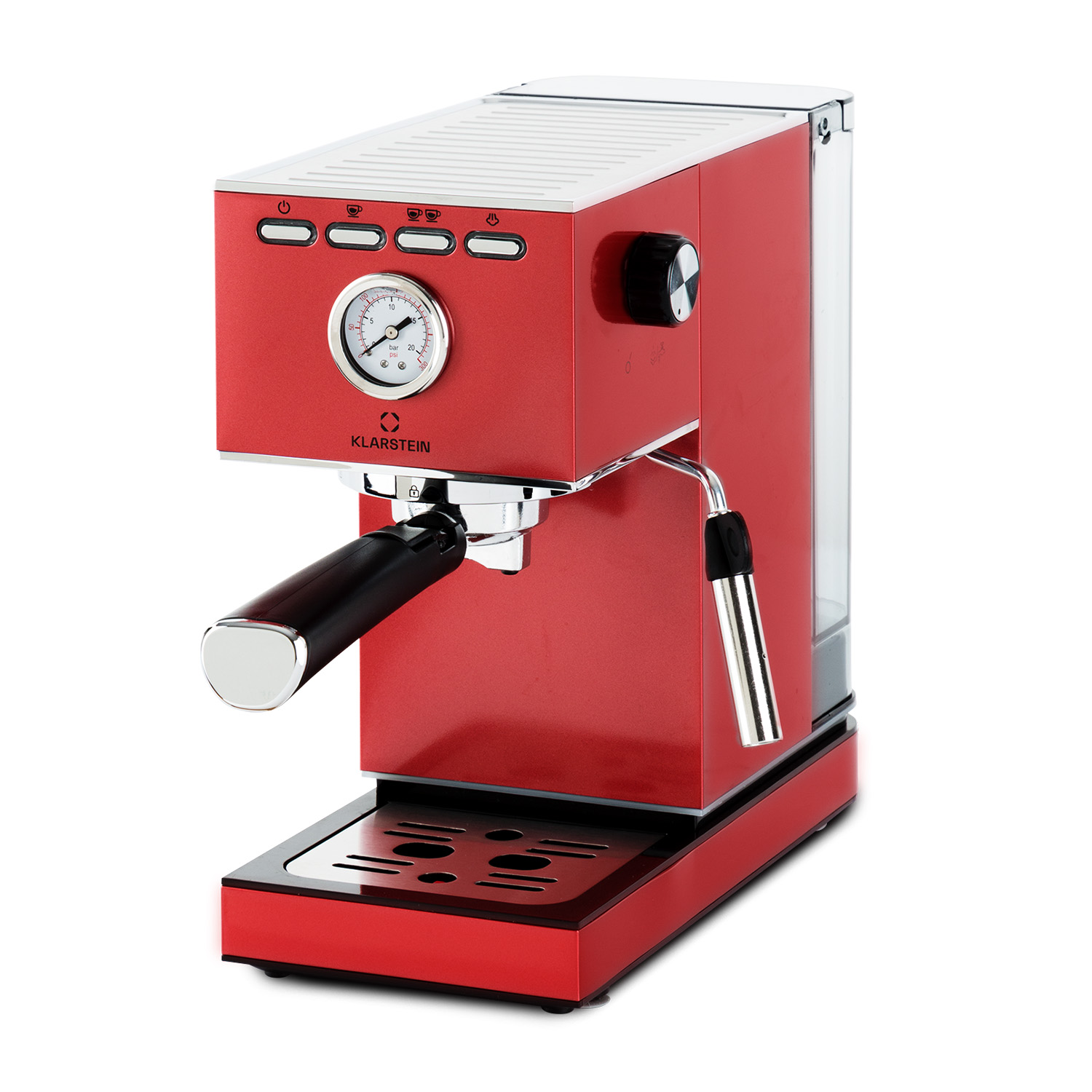 Rote Klarstein Espresso-Kaffeemaschine mit Manometer, Chromknöpfen und Dampfdüse auf weißem Grund.