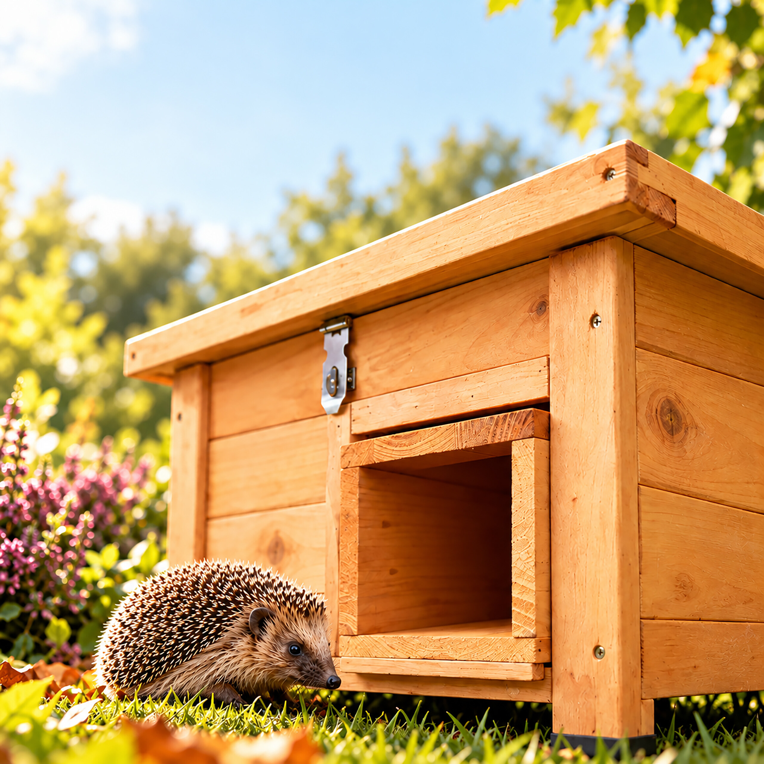 Ein kleiner Igel steht im gras auf sonnigem garten vor einem neuen holzhaus mit offenem eingang.