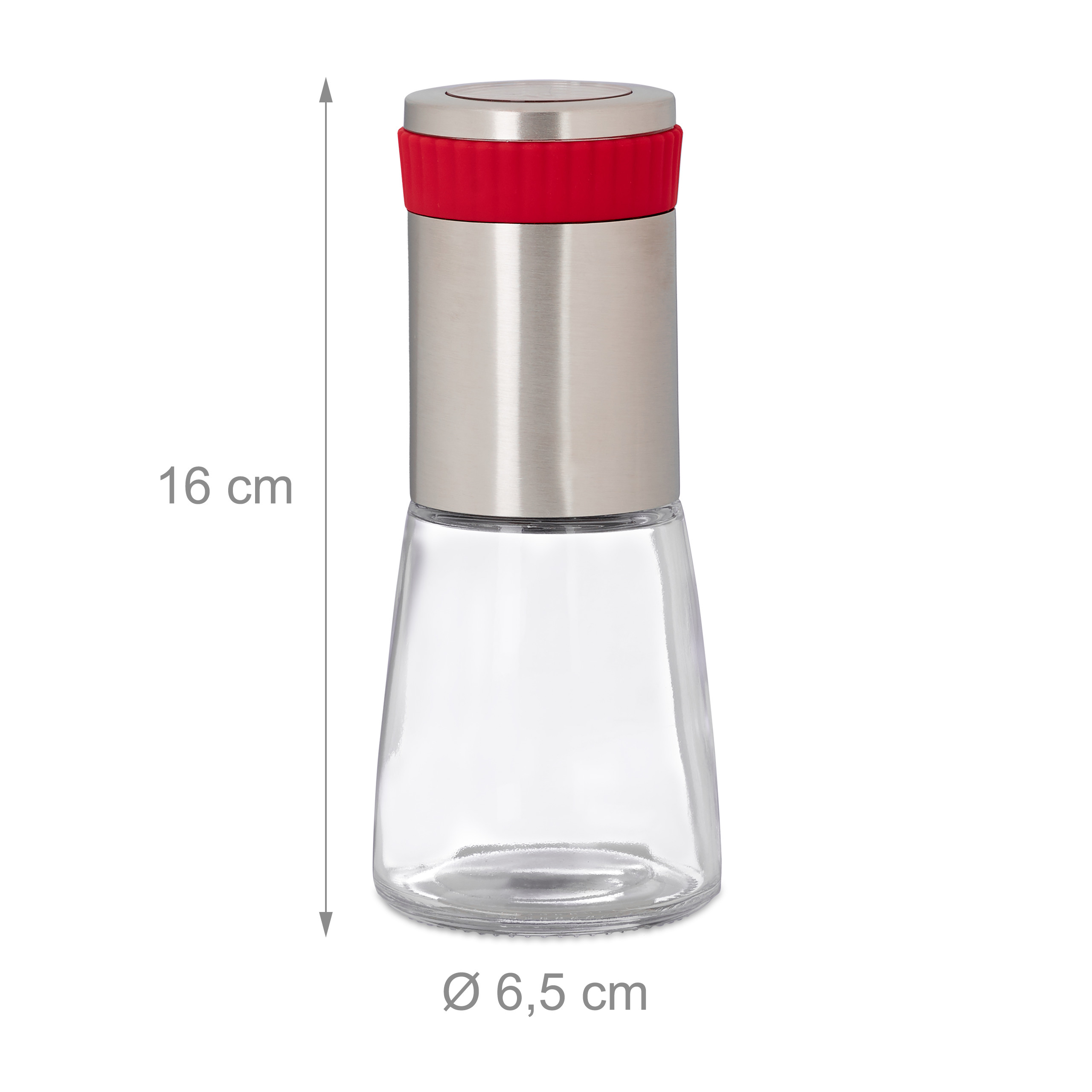 Glasgewürzmühle mit Edelstahldeckel und rotem Ring, Höhe 16 cm und Durchmesser 6,5 cm.