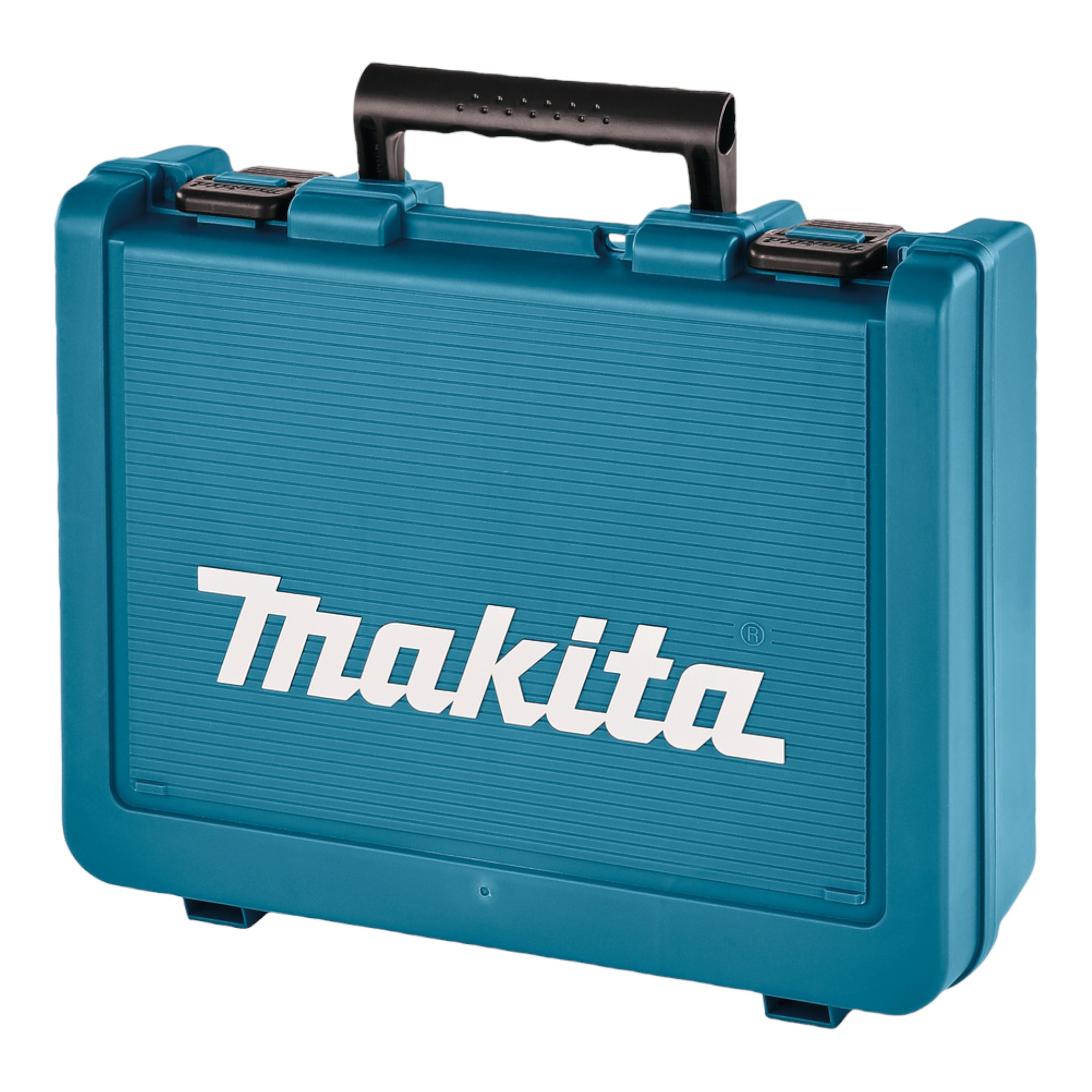 Ein blauer Makita Werkzeugkoffer aus Kunststoff mit schwarzem Griff und weißen Markenlogo.