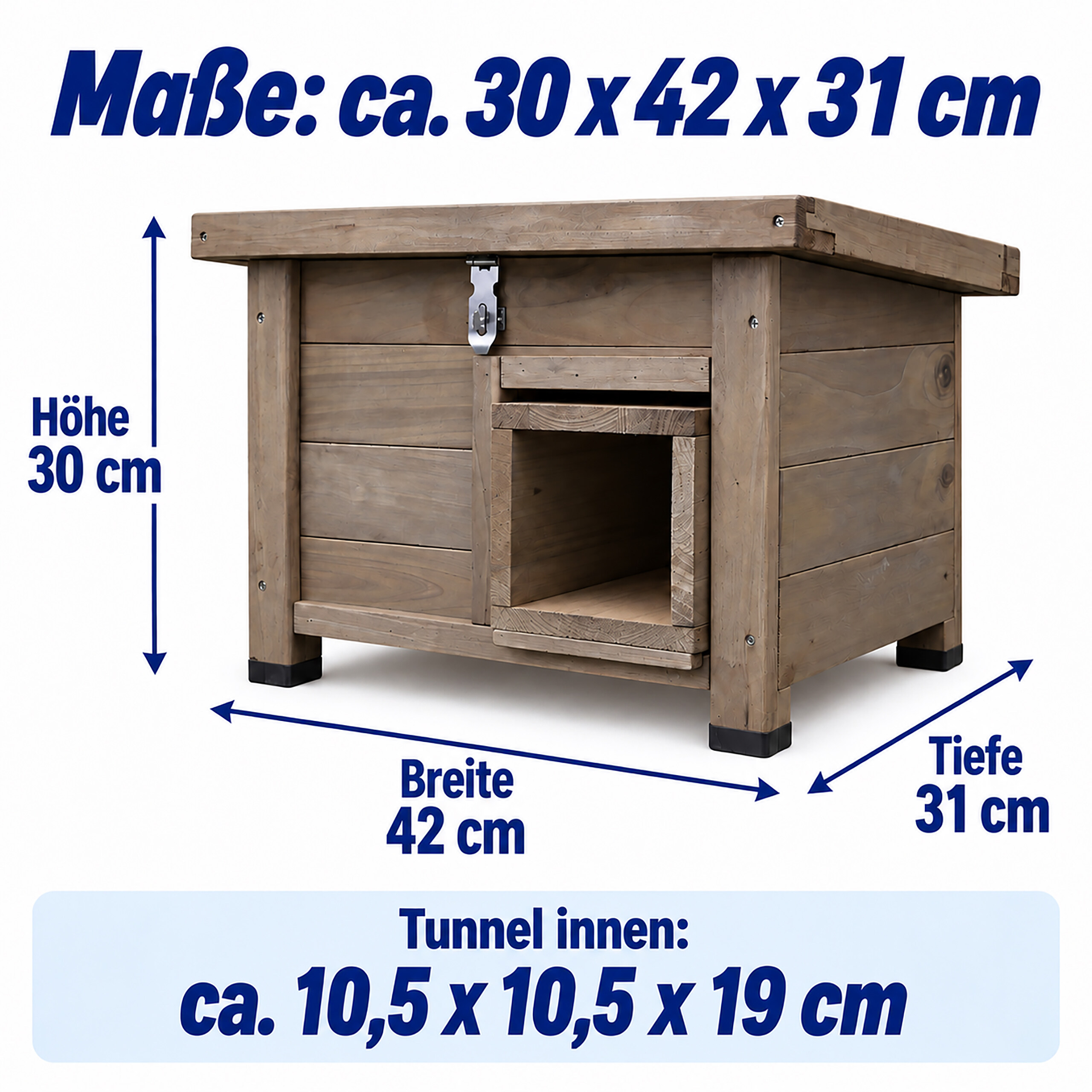 Holzhaus mit Maßen: Höhe 30 cm, Breite 42 cm, Tiefe 31 cm und Tunnel innen ca. 10,5 x 10,5 x 19 cm.
