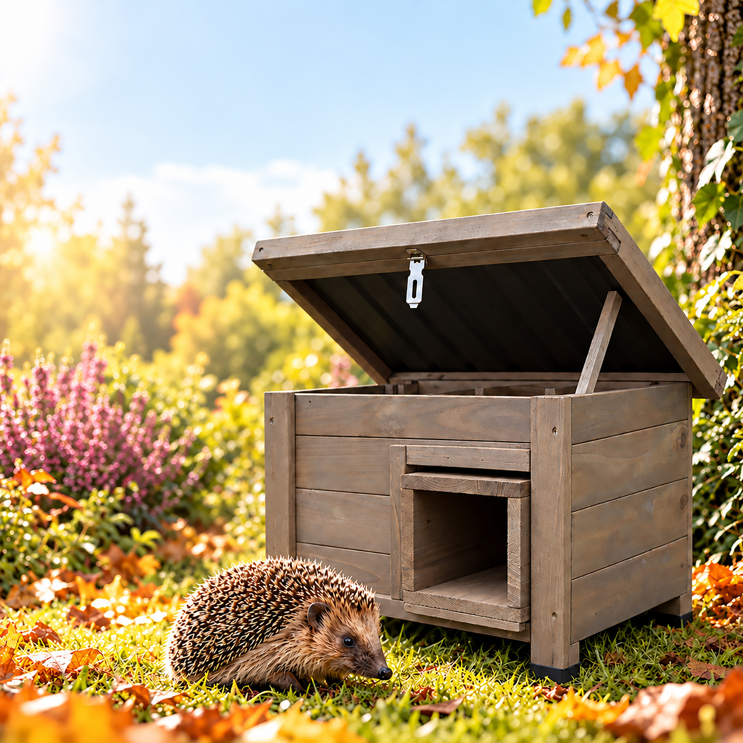 Ein kleiner Igel läuft im Freien auf Gras mit Herbstblättern neben einem Igelhaus aus Holz.