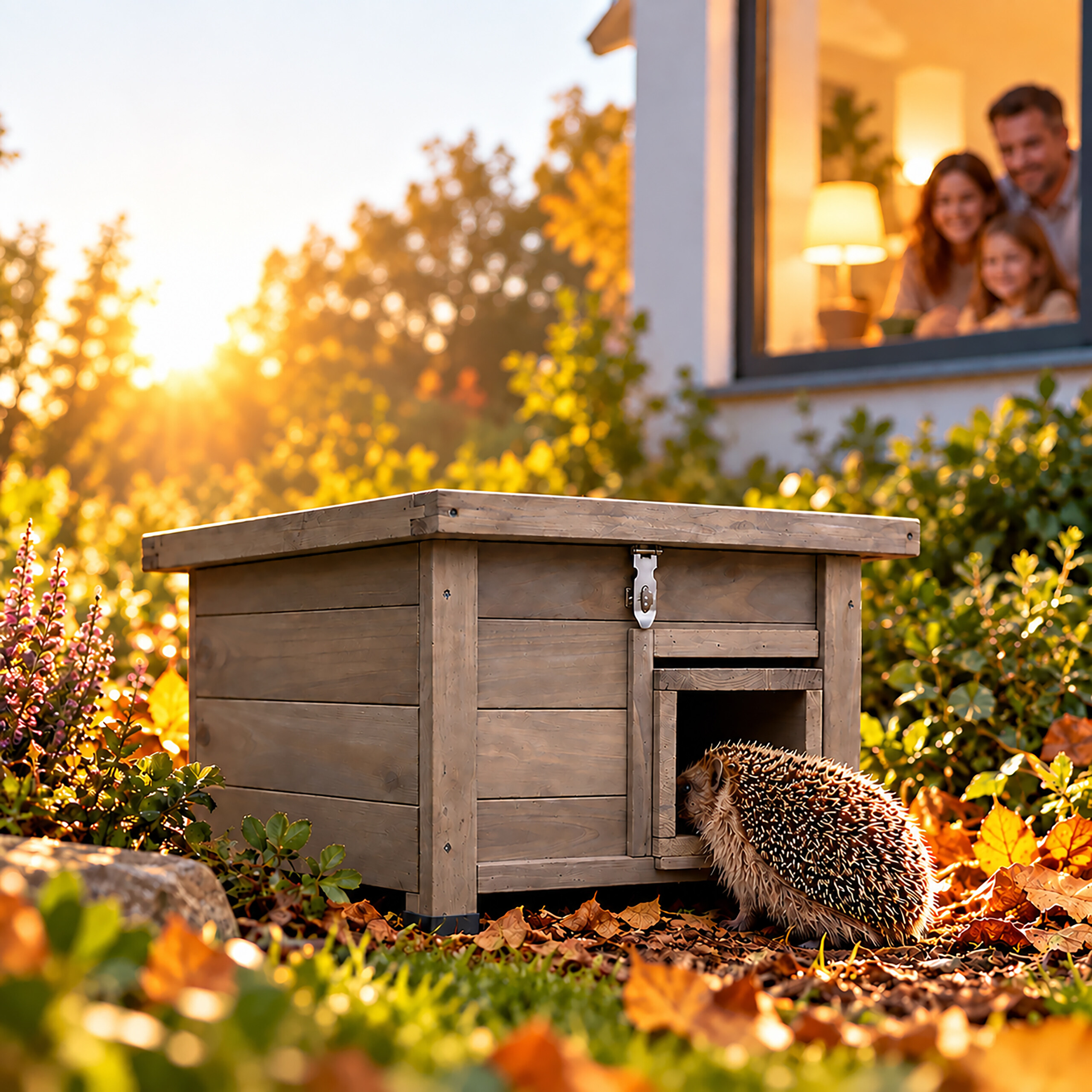Ein Igel nähert sich einer Holzbox im Garten im Sonnenuntergang, während eine Familie durch das Fenster zuschaut.