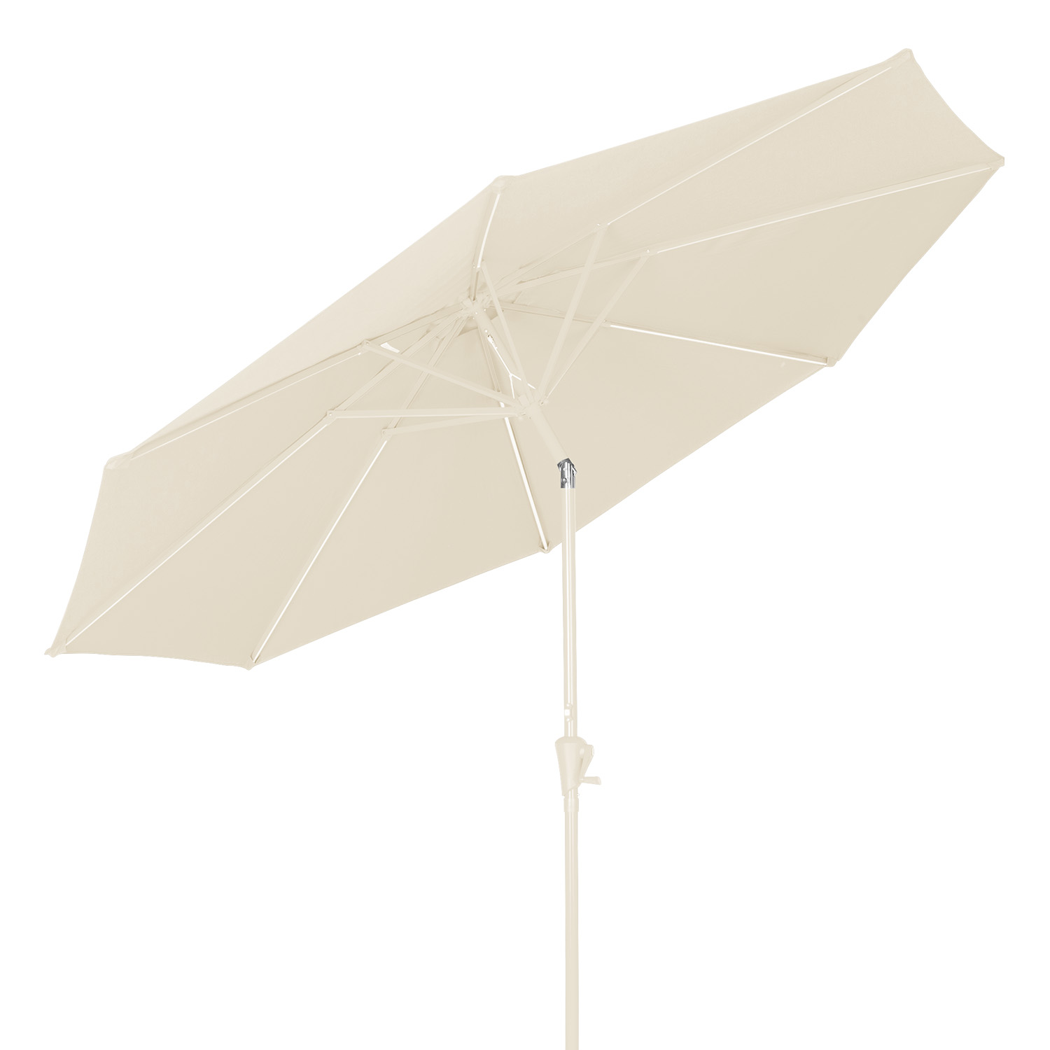 Ein offener, beige Sonnenschirm mit hellem Gestell auf weißem Hintergrund.