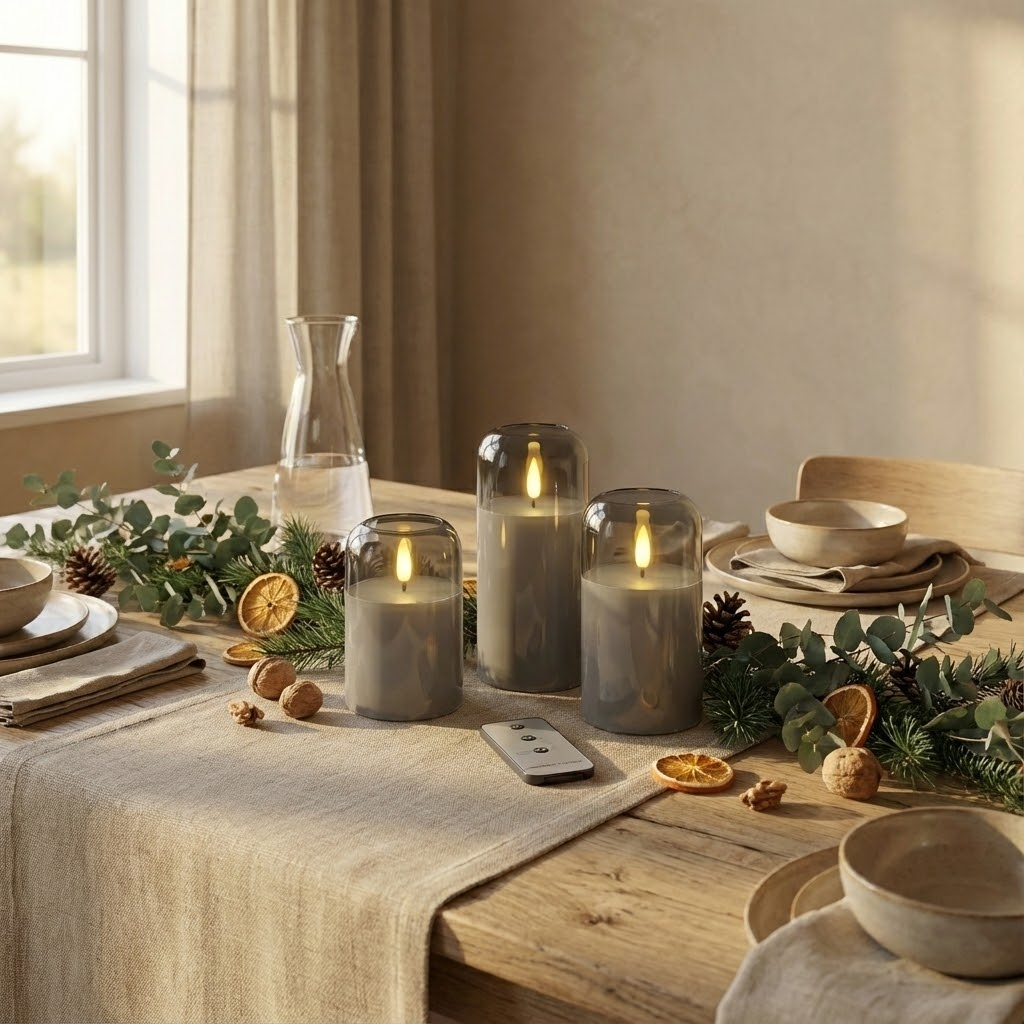 Three modern LED candles in glass cylinders on a wooden table set with eucalyptus and dried orange slices.