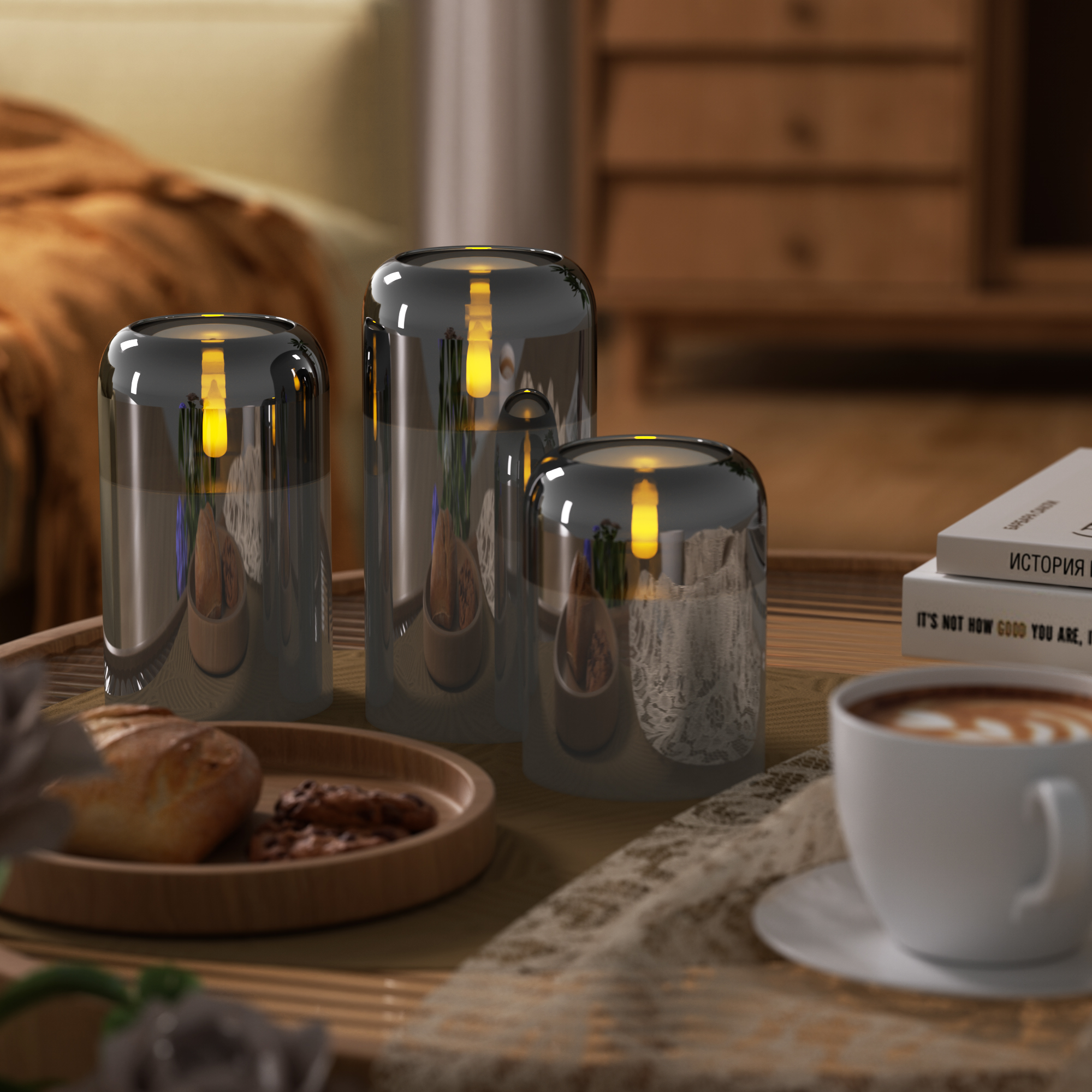 Three glossy glass candle holders with warm light on a table with pastries and coffee.