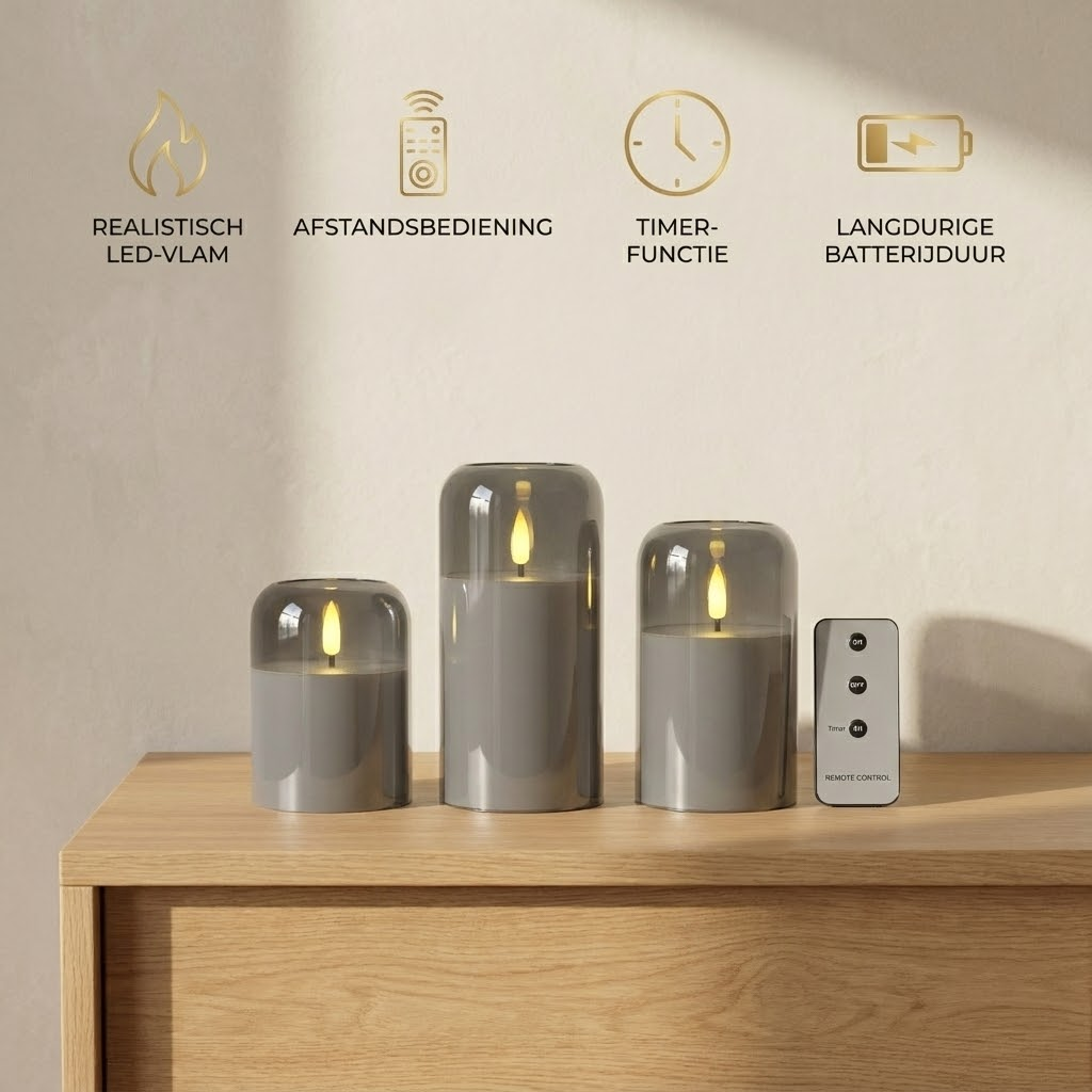 Three grey LED candles with glass covers and a remote stand on a wooden cabinet, with feature icons above.