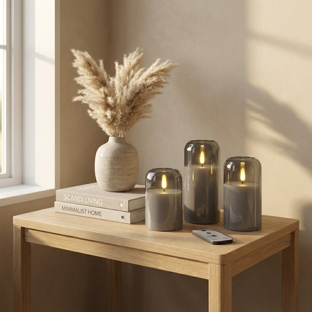 Three grey LED candles, a small pot of dried pampas grass, and two books on a wooden table.