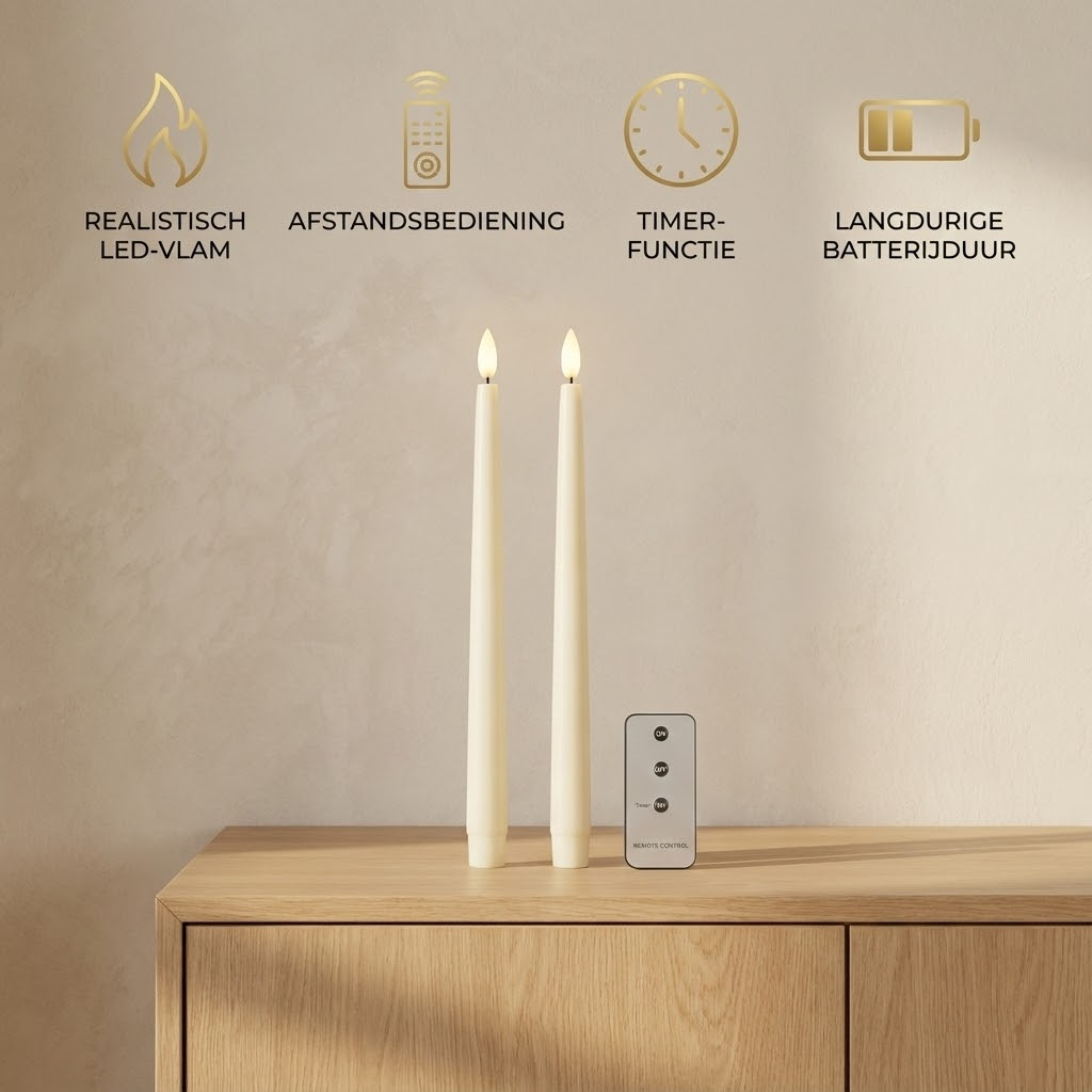Two white LED taper candles with a remote on a wooden dresser.