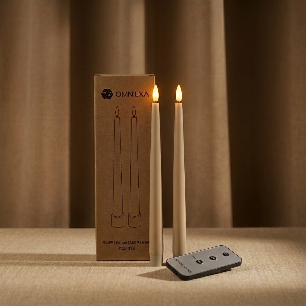 Two beige LED taper candles with glowing tips stand before their packaging, with a remote control nearby.
