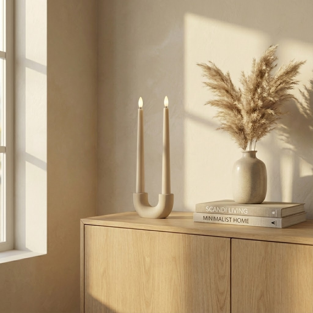 A minimalist room with a wooden cabinet, a U-shaped candle holder, two books, and a vase with pampas grass.