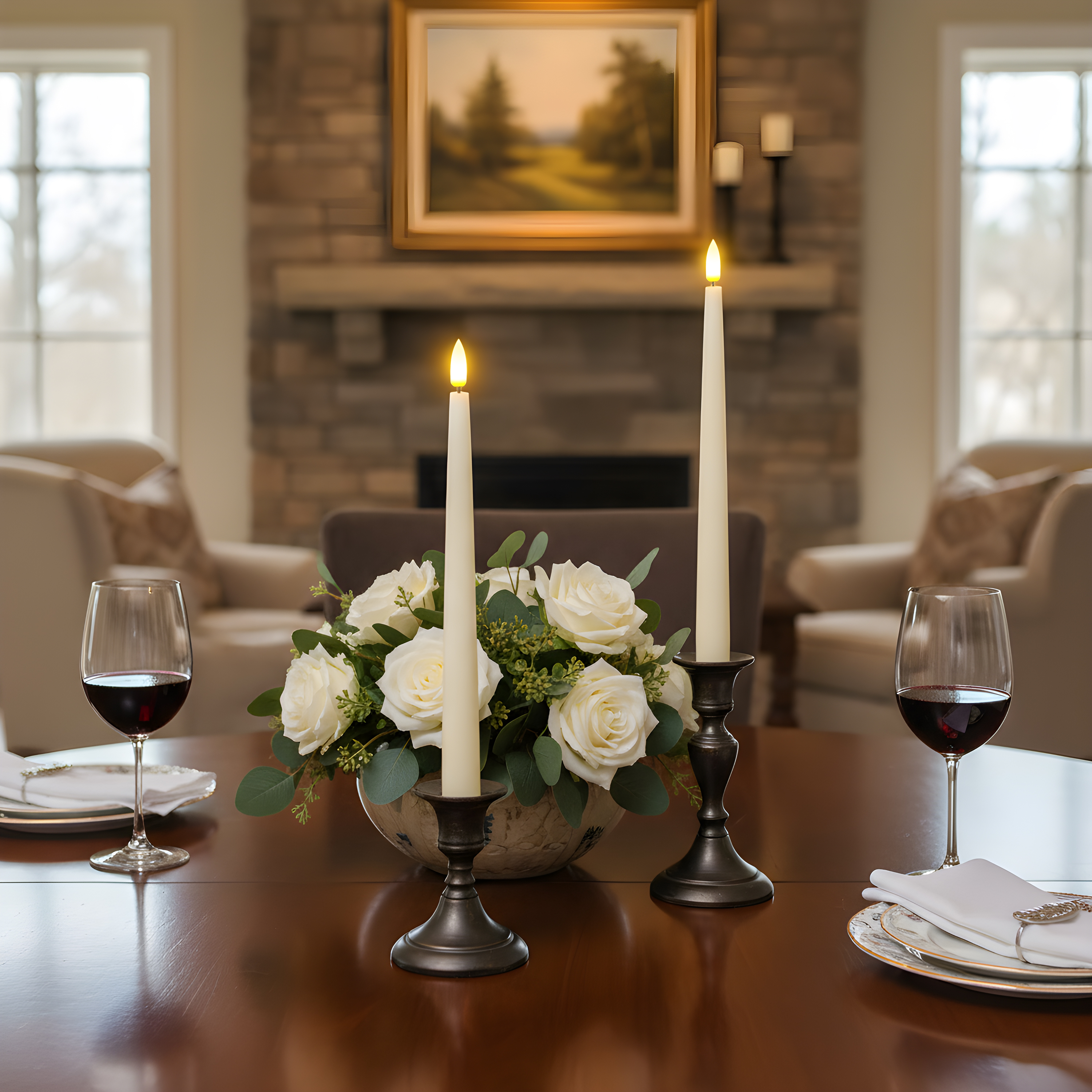 Table set with white roses, candles, and red wine glasses in an elegant living room.