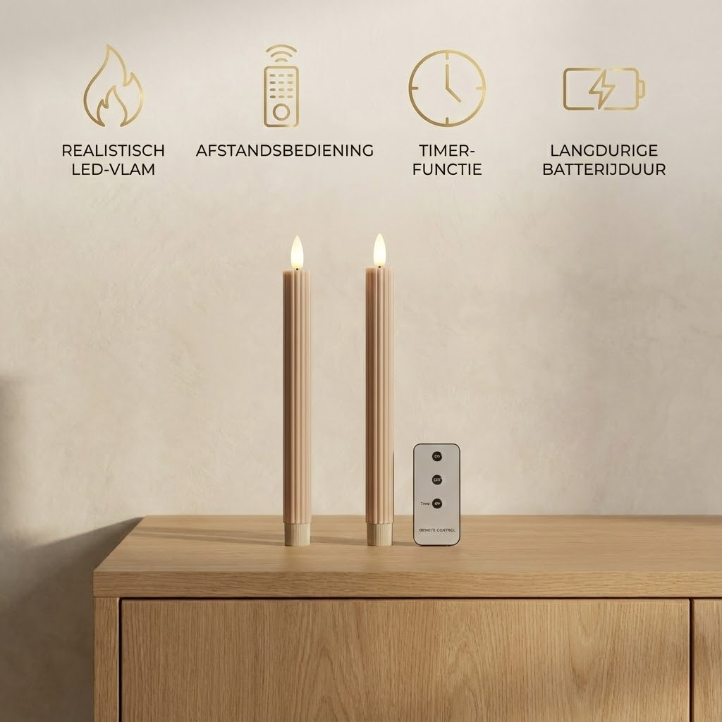 Two beige LED taper candles and a remote stand on a wooden cabinet against a beige wall.