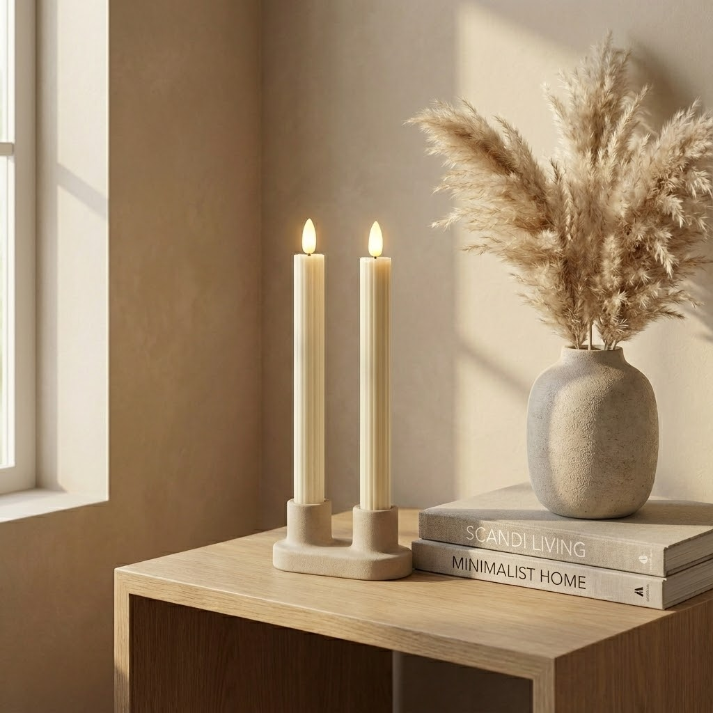 Two white candles in a holder, stacked books, and a vase with pampas grass on a wooden table against a wall.