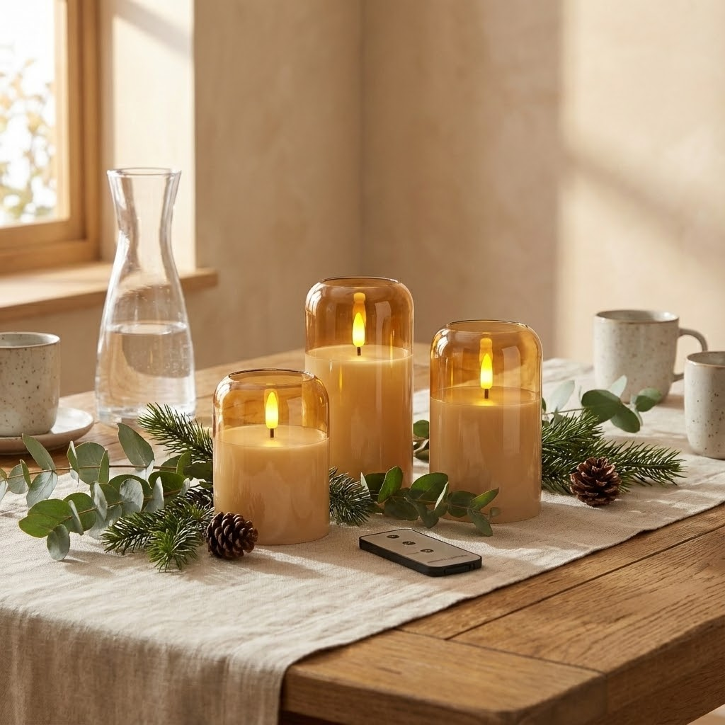 Three LED candles in glass cylinders on a table with pine branches, cones, and a remote.