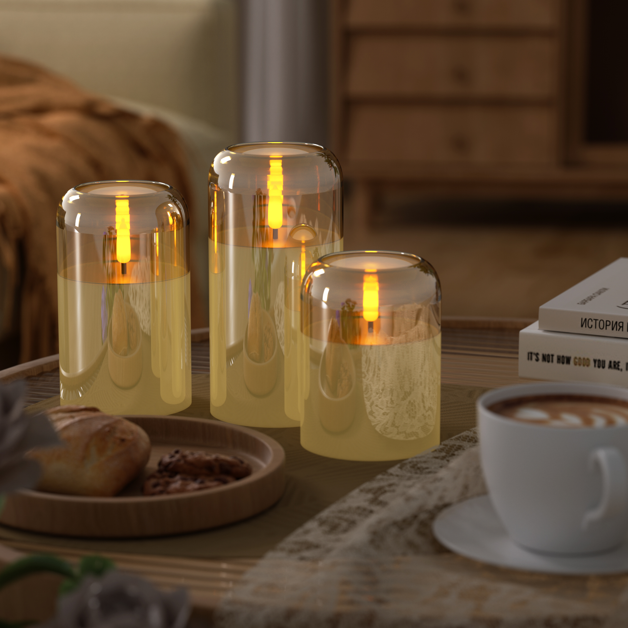 Three glowing glass candle lanterns on a coffee table next to a cup of coffee and pastry.