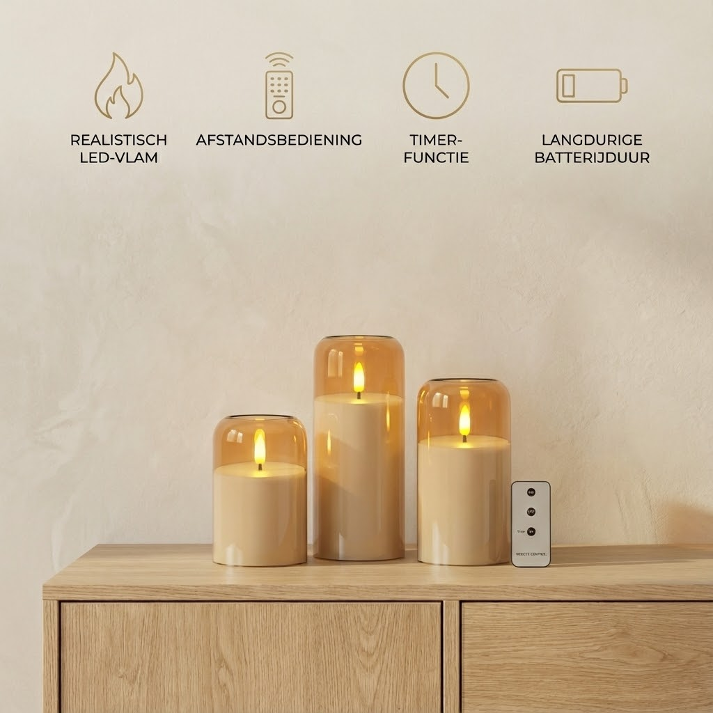 Three LED candles in glass cylinders on a wooden sideboard with feature icons above.