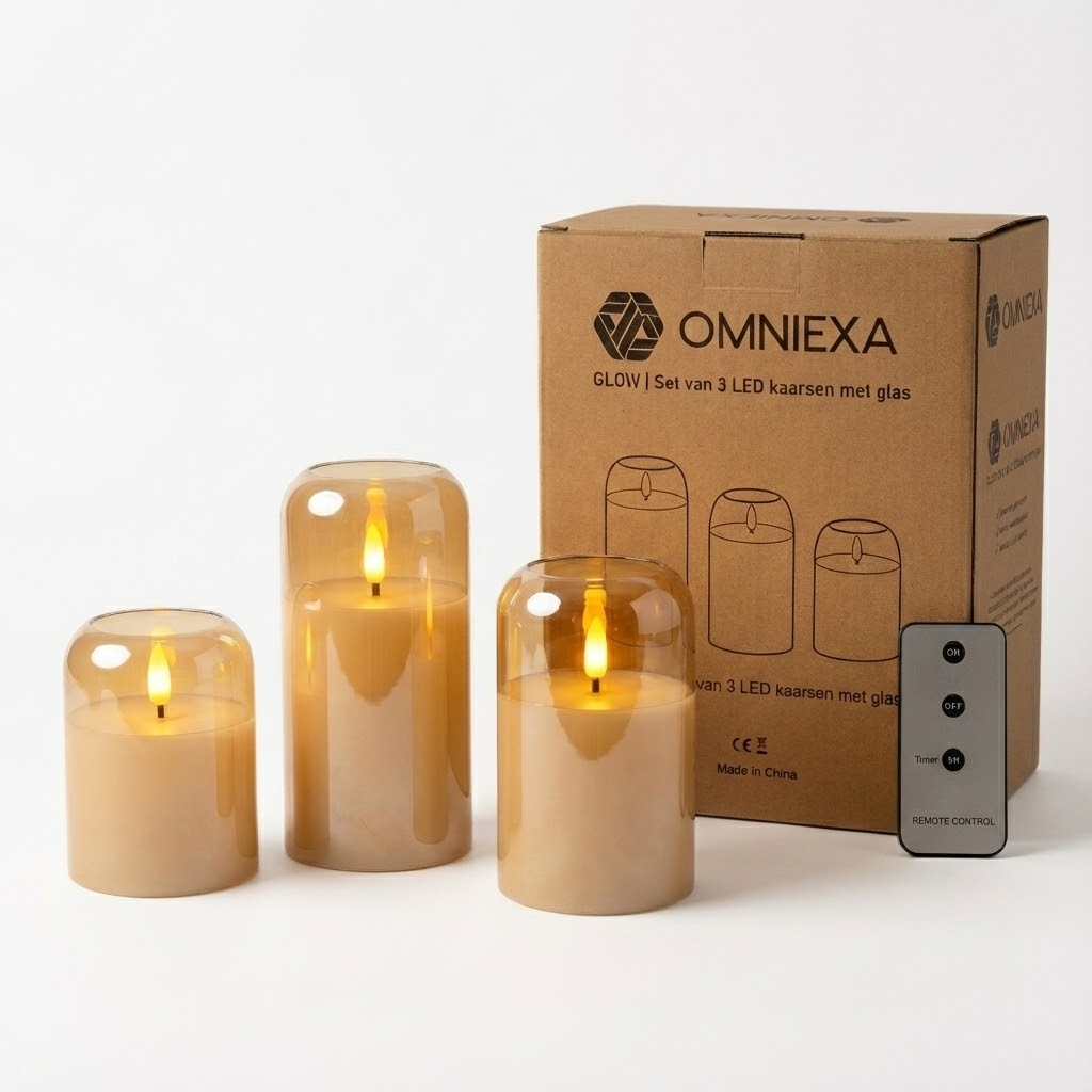 Three amber-tinted glass LED candles, a branded cardboard box, and a remote control.