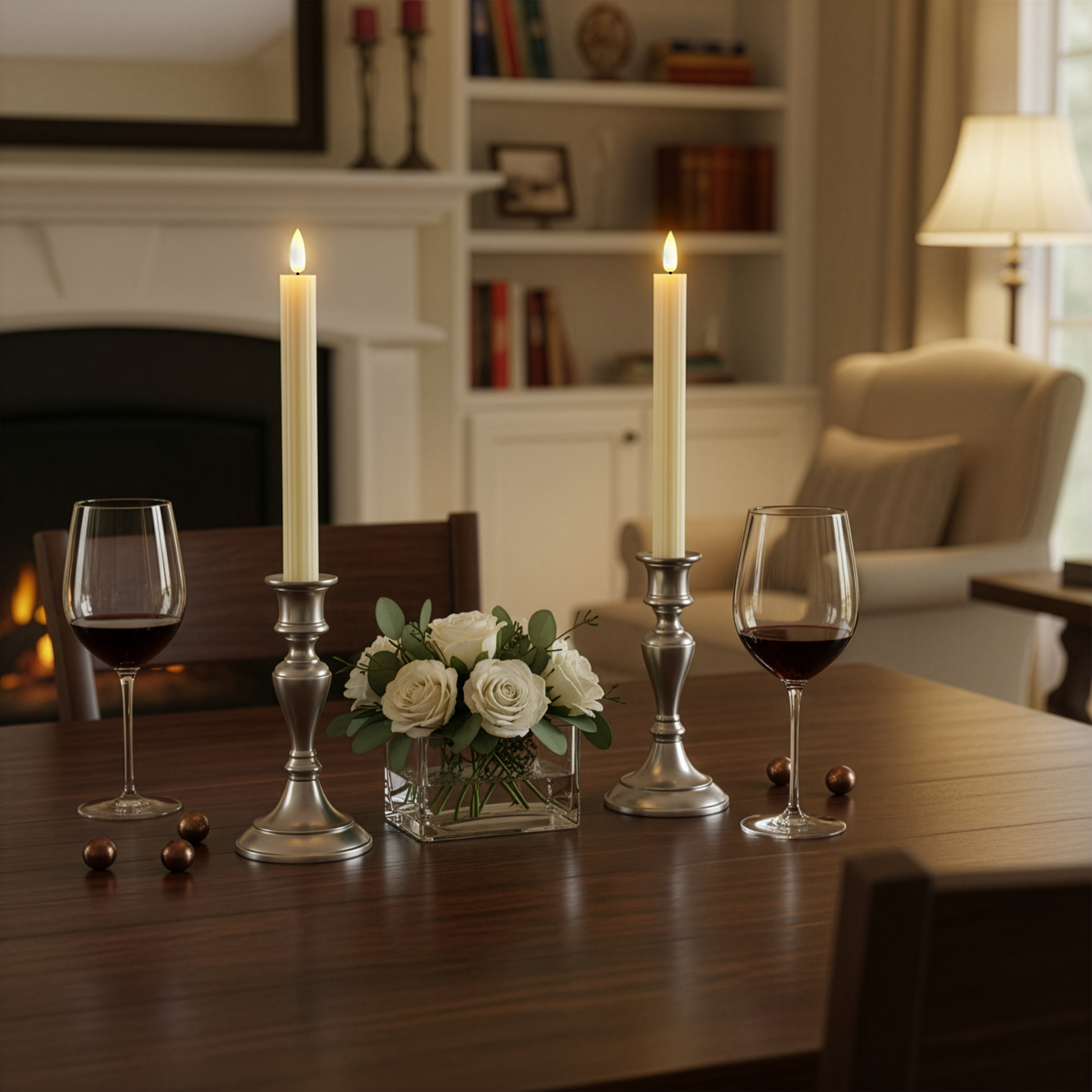A wooden dining table with lit candles, wine glasses, and white roses in a vase, with a fireplace and armchair in the background.