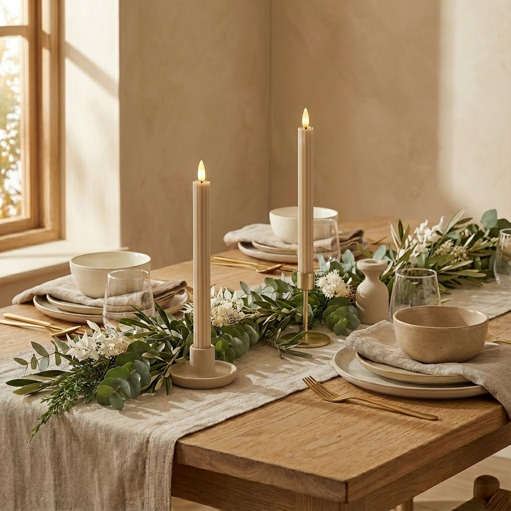A wooden table set with beige candles, dishware, and a garland of eucalyptus and white flowers.