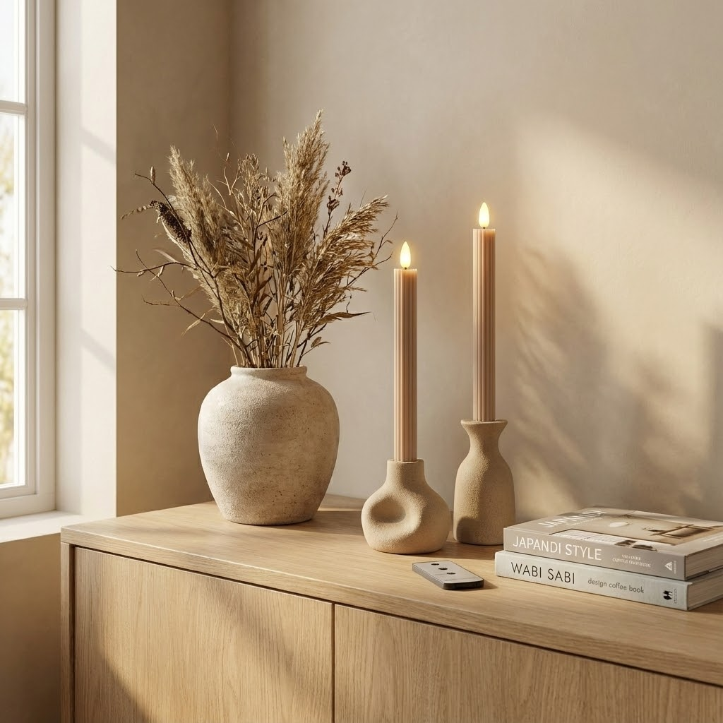 A vase with dried flowers and two lit candles stand on a wooden cabinet next to design books.