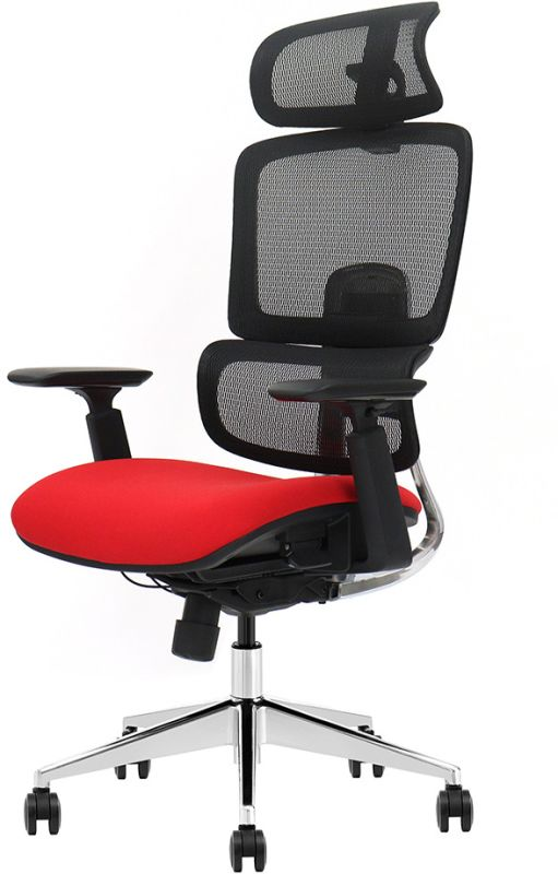 Ein ergonomischer Bürostuhl mit rotem Sitz, schwarzem Netzrücken, Kopfstütze und silbernem Rollfuß.