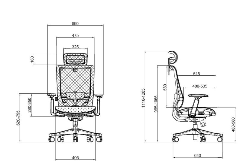 Technische Zeichnung eines ergonomischen Buerostuhls mit Massangaben aus Vorder- und Seitenansicht.
