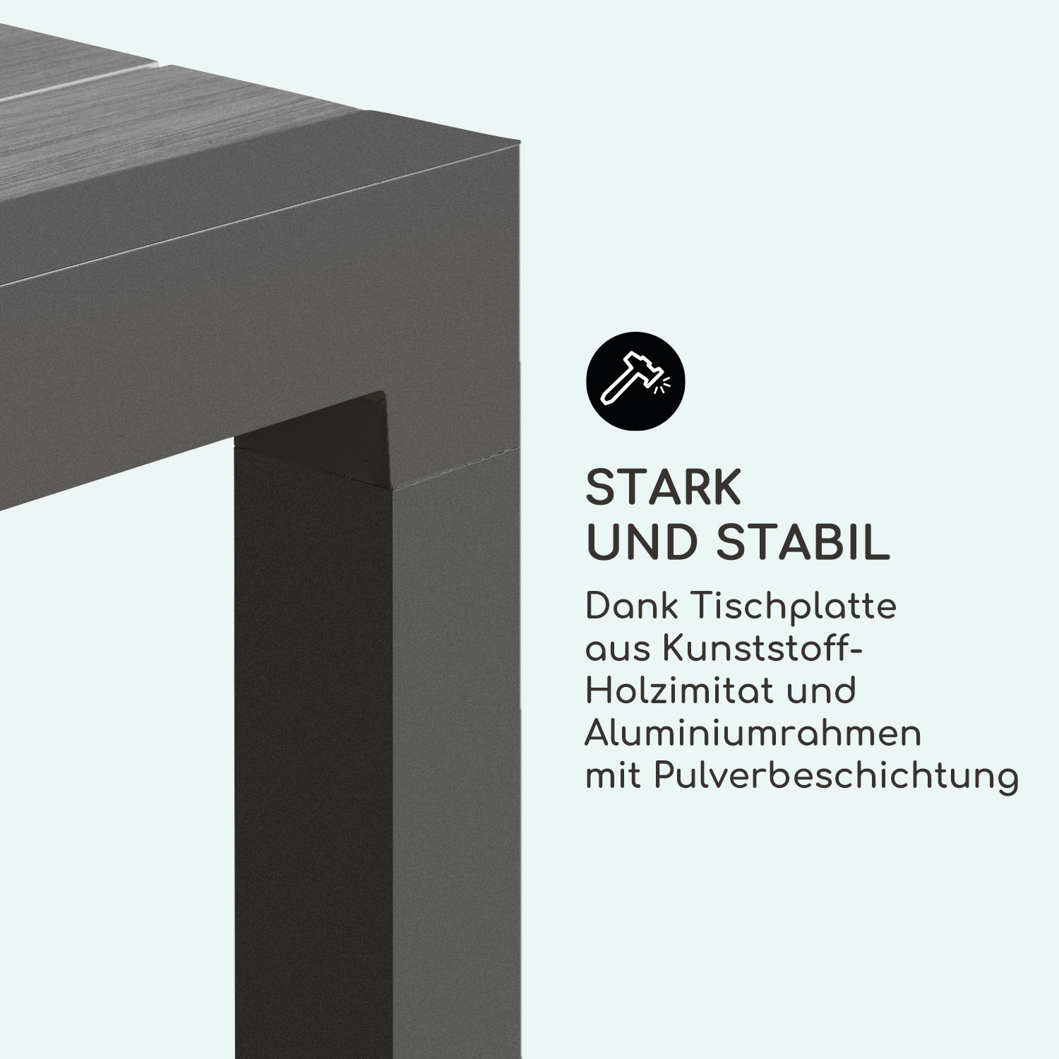 Stabiler Tisch mit Kunststoff-Holzimitat-Platte und pulverbeschichtetem Aluminiumrahmen.