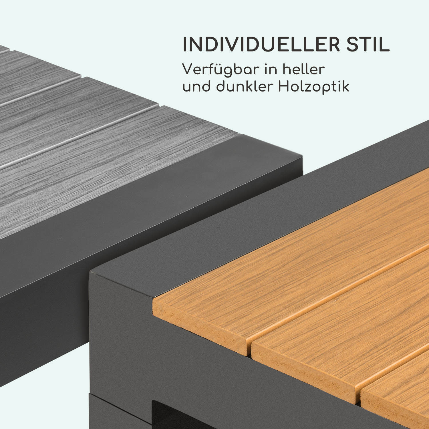 Zwei Oberflächen in heller und dunkler Holzoptik mit schwarzem Rahmen.