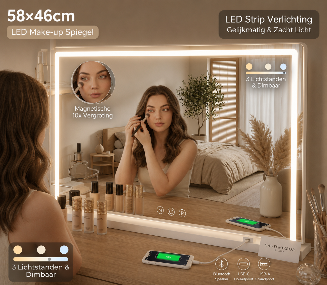 Illuminated makeup mirror with touch controls, magnifier, and cosmetics on a wooden desk.