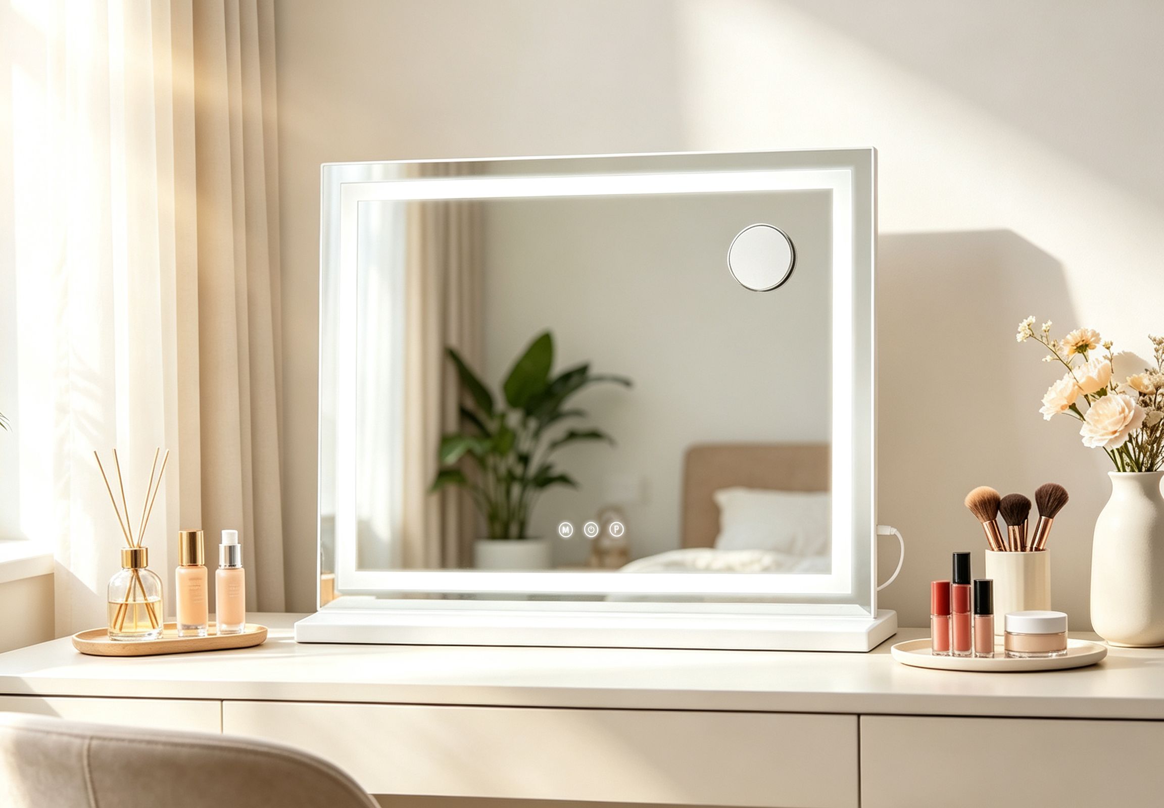 A lighted vanity mirror on a white desk with makeup, brushes, perfume, and flowers in a bright room.