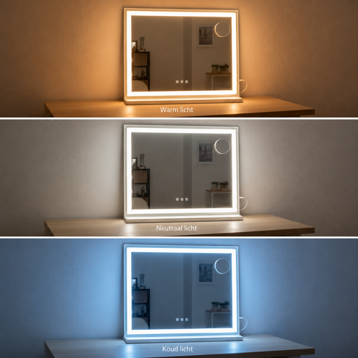 An illuminated makeup mirror on a wooden table shown in three color temperatures: warm, neutral, and cool light.