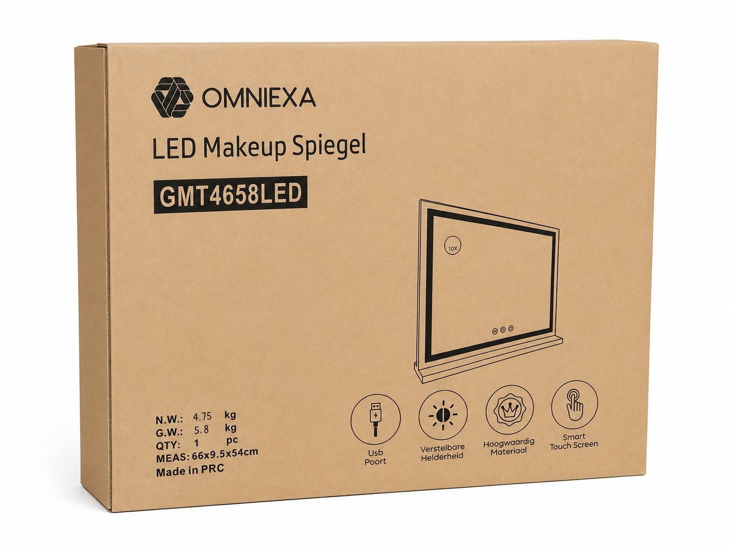 Brown cardboard box for an Omniexa LED makeup mirror packaging with product details and icons.