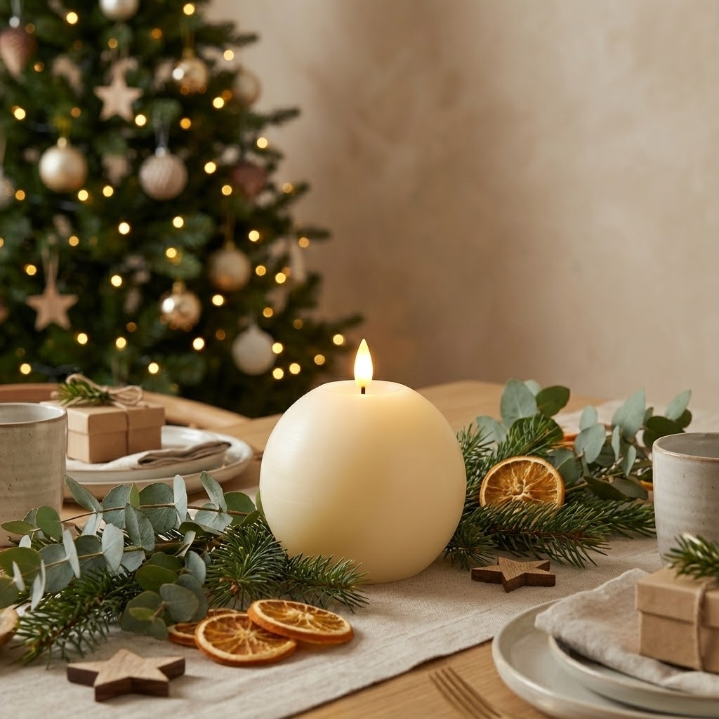 A round white candle burns on a table decorated with pine, eucalyptus, dried orange slices, and a Christmas tree in the background.