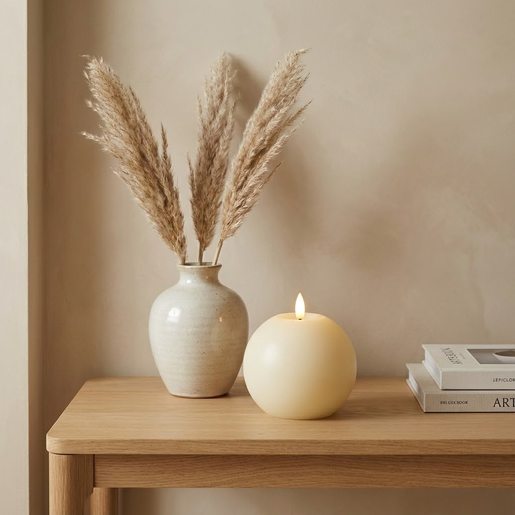 A white candle, a vase with dried grass, and books sit on a wooden table against a beige wall.