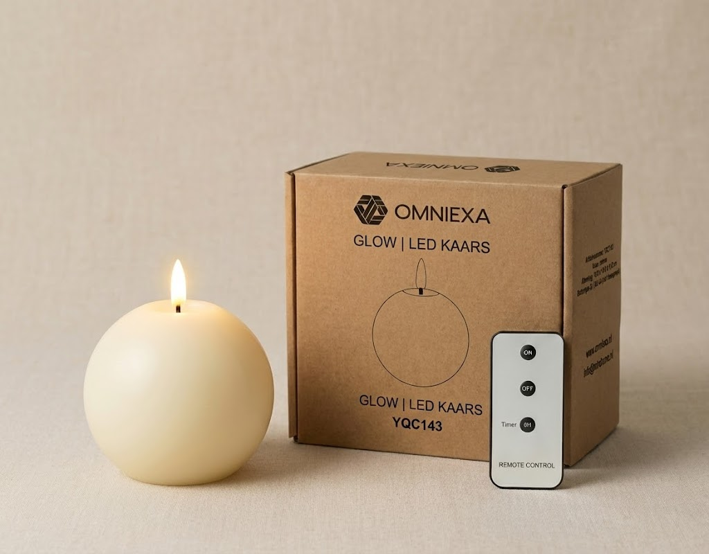 Beige round LED candle with lit flame, product box, and remote control on a light background.