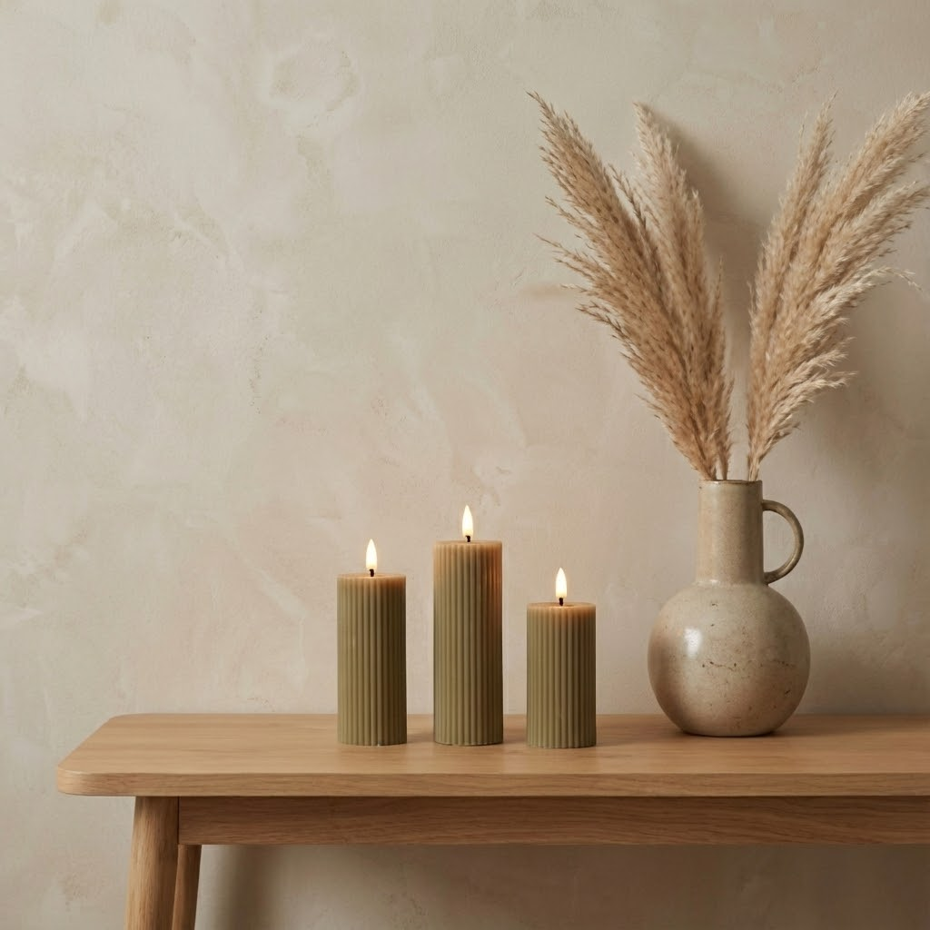 Three ribbed green candles and a beige vase with pampas grass sit on a wooden table against a neutral wall.