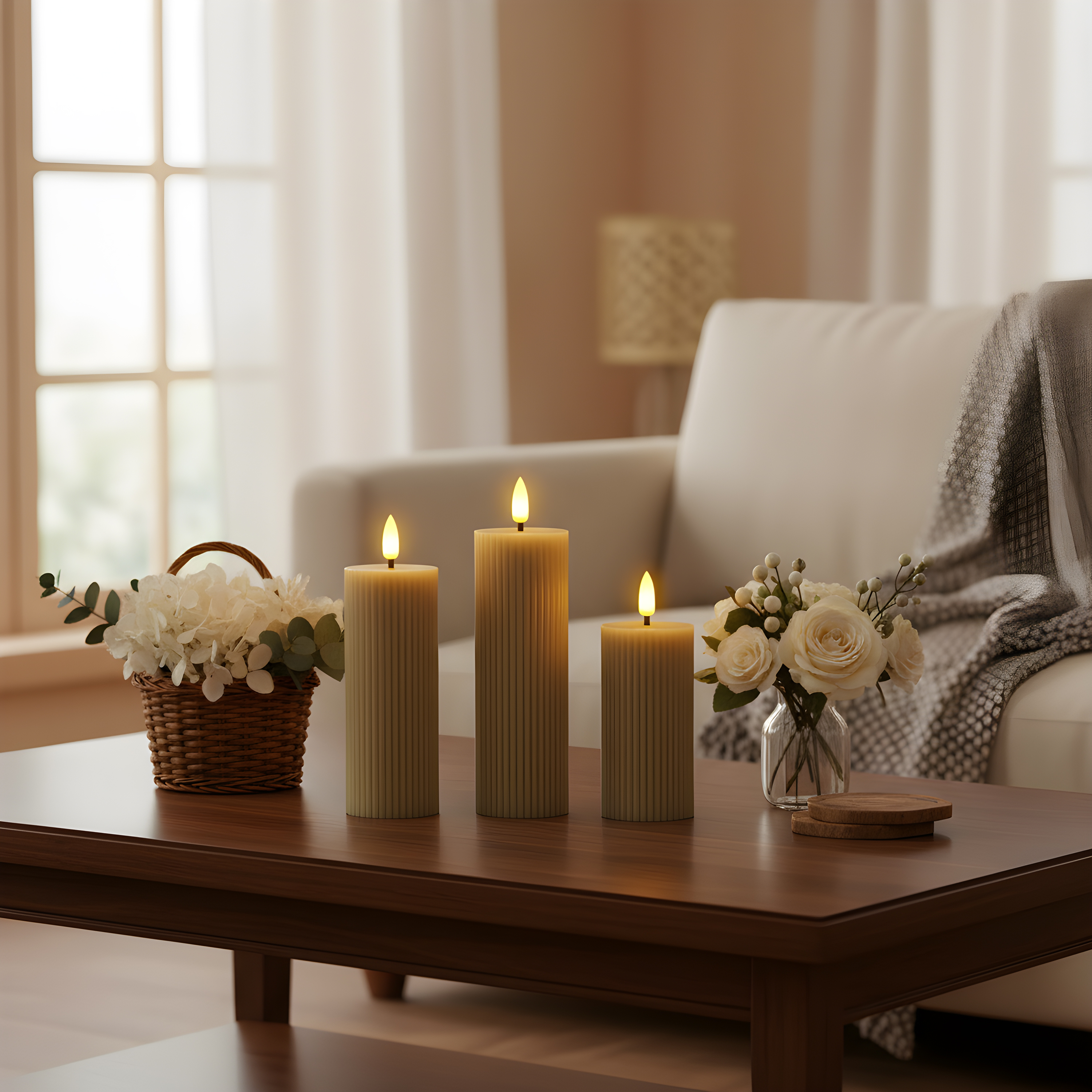 Three lit candles, a flower basket, and a vase with roses sit on a wooden coffee table in front of a sofa.