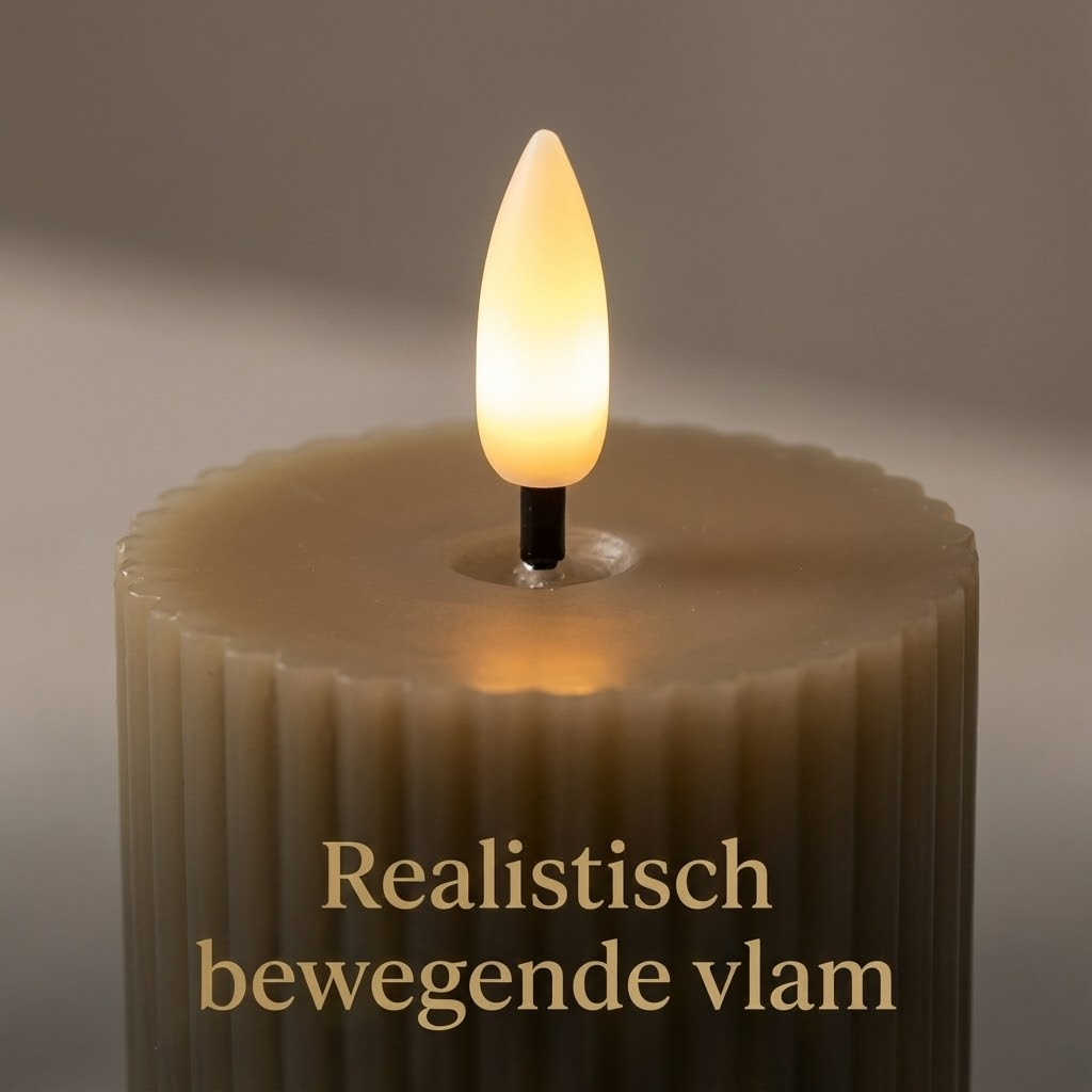 A beige, ribbed LED candle with a glowing flame and text.
