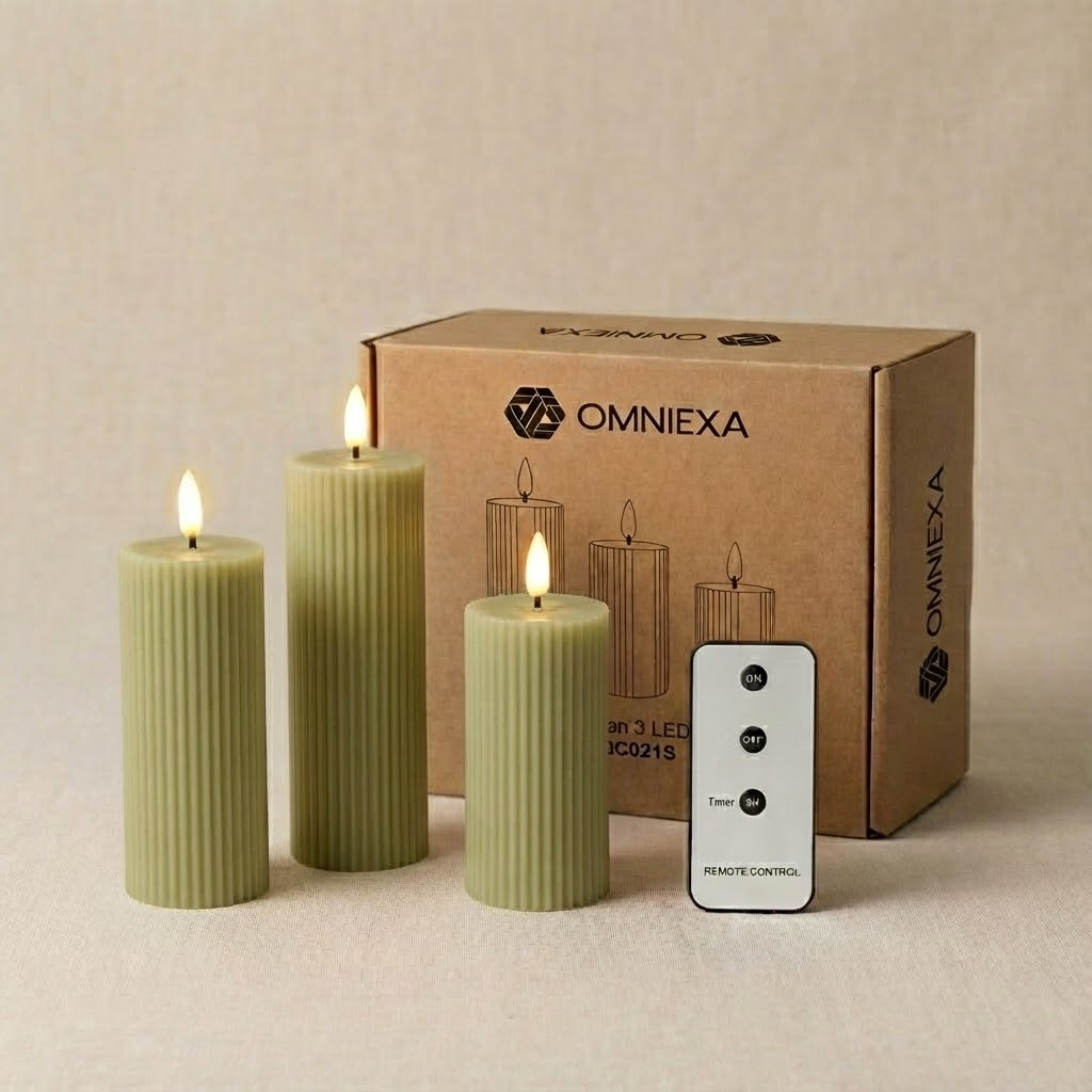 Three green, ribbed LED candles are lit in front of a cardboard box, with a remote control nearby.