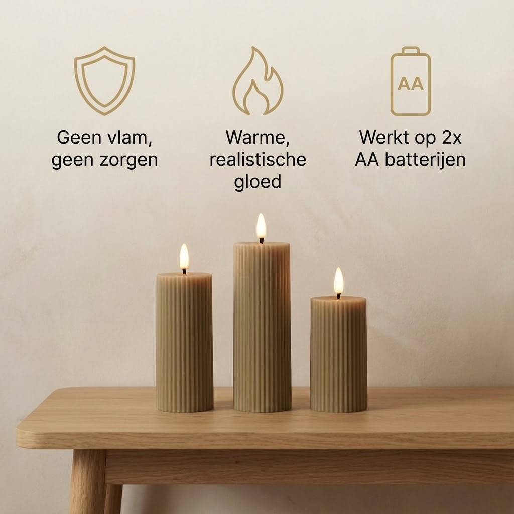 Three ribbed LED candles on a wooden table with icons and text above.