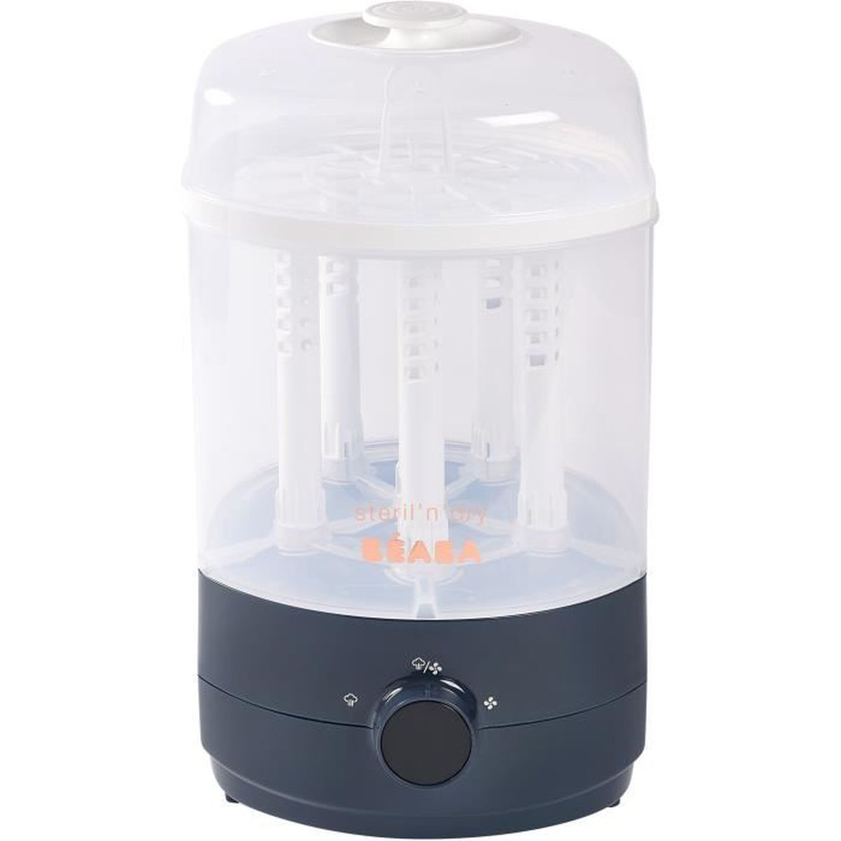 Ein weiß-dunkelgrauer elektrischer Babyflaschensterilisator mit transparentem Deckel und Drehknopf.