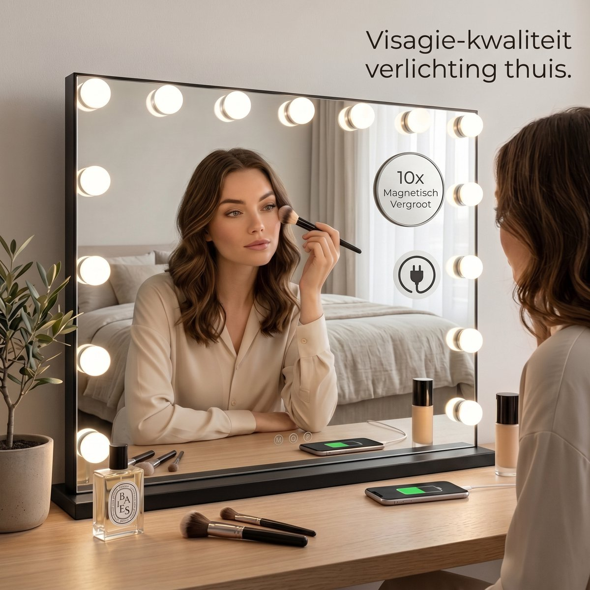 A woman applies makeup in front of an illuminated Hollywood mirror with touch controls.