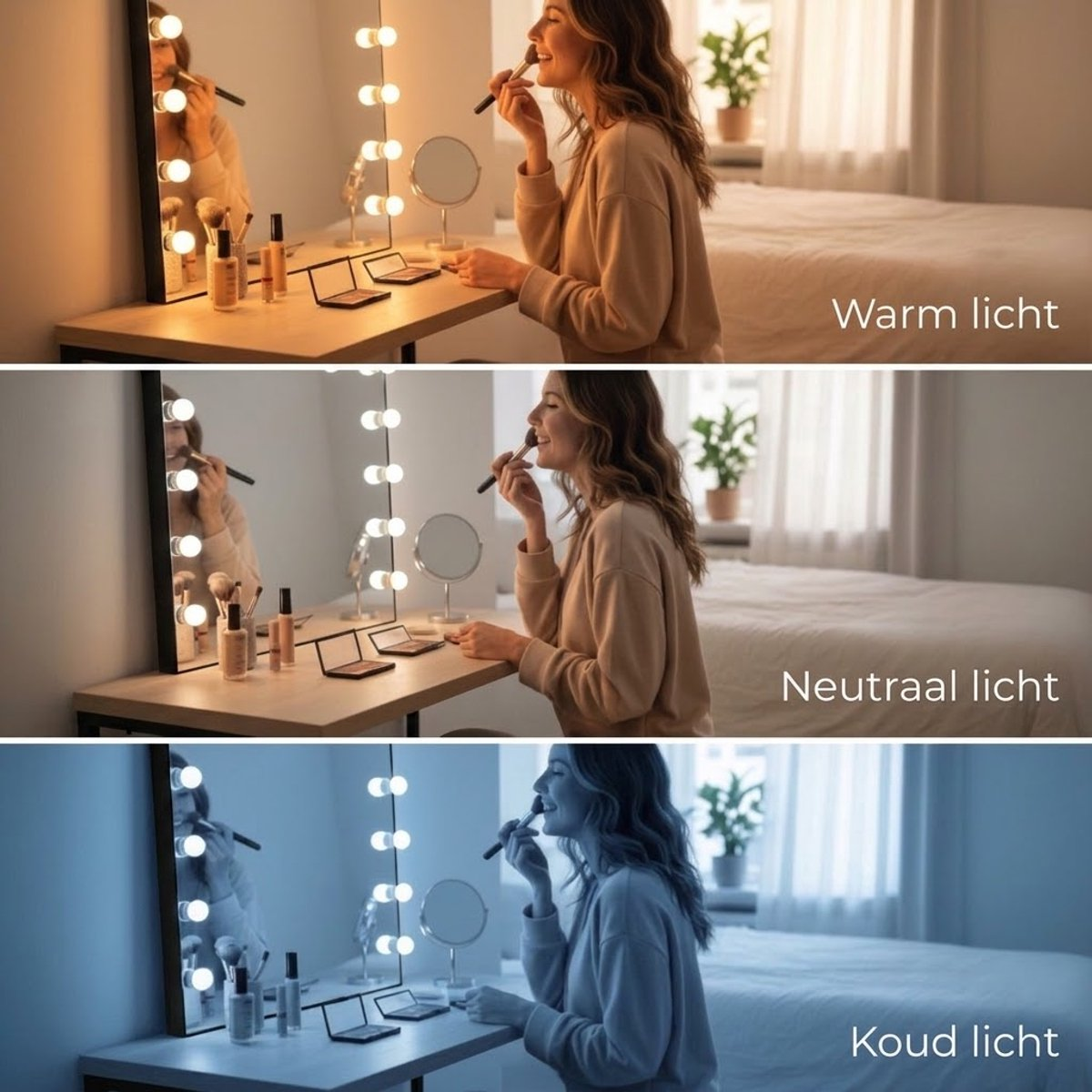 A woman applies makeup at a lighted vanity mirror showing warm, neutral, and cool light settings.