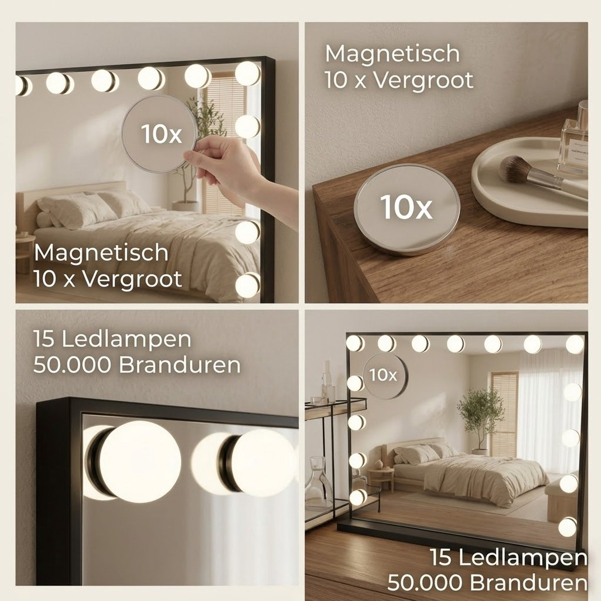 Lighted makeup mirror featuring 15 LED bulbs and a removable 10x magnification lens.