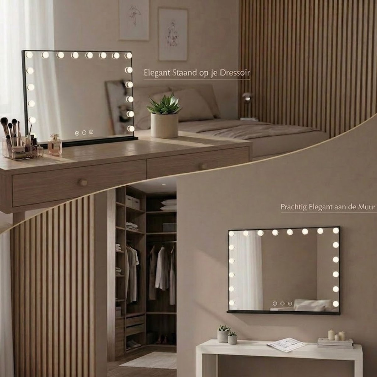 A lighted Hollywood vanity mirror shown standing on a dresser and mounted on a wall.