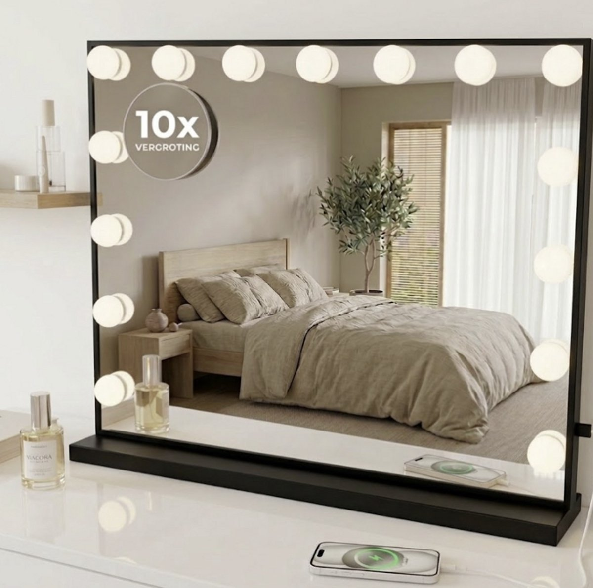 A black Hollywood makeup mirror with round bulbs, reflecting a bedroom with a bed and a 10x magnification circle.