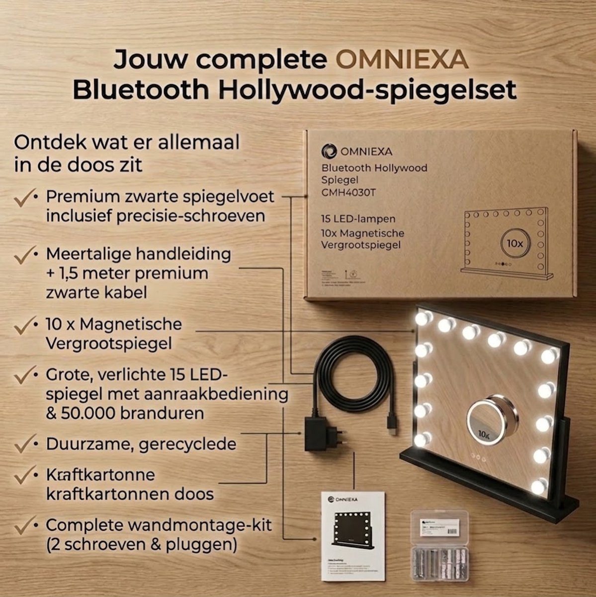 Omniexa Hollywood mirror package contents with LED lights, cable, small magnifier, manual, and box on wood background.
